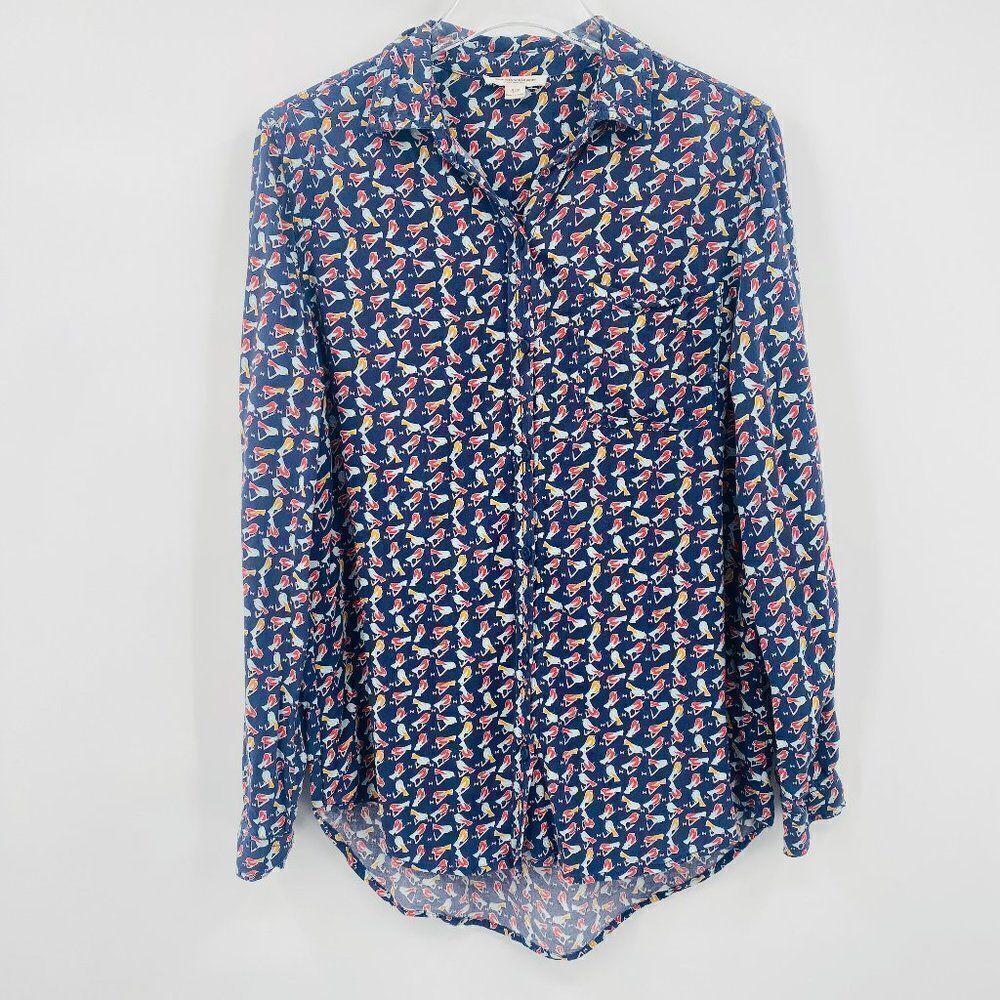 Beachlunchlounge Size Small Navy Blue Novelty Bird Print Button Down Top